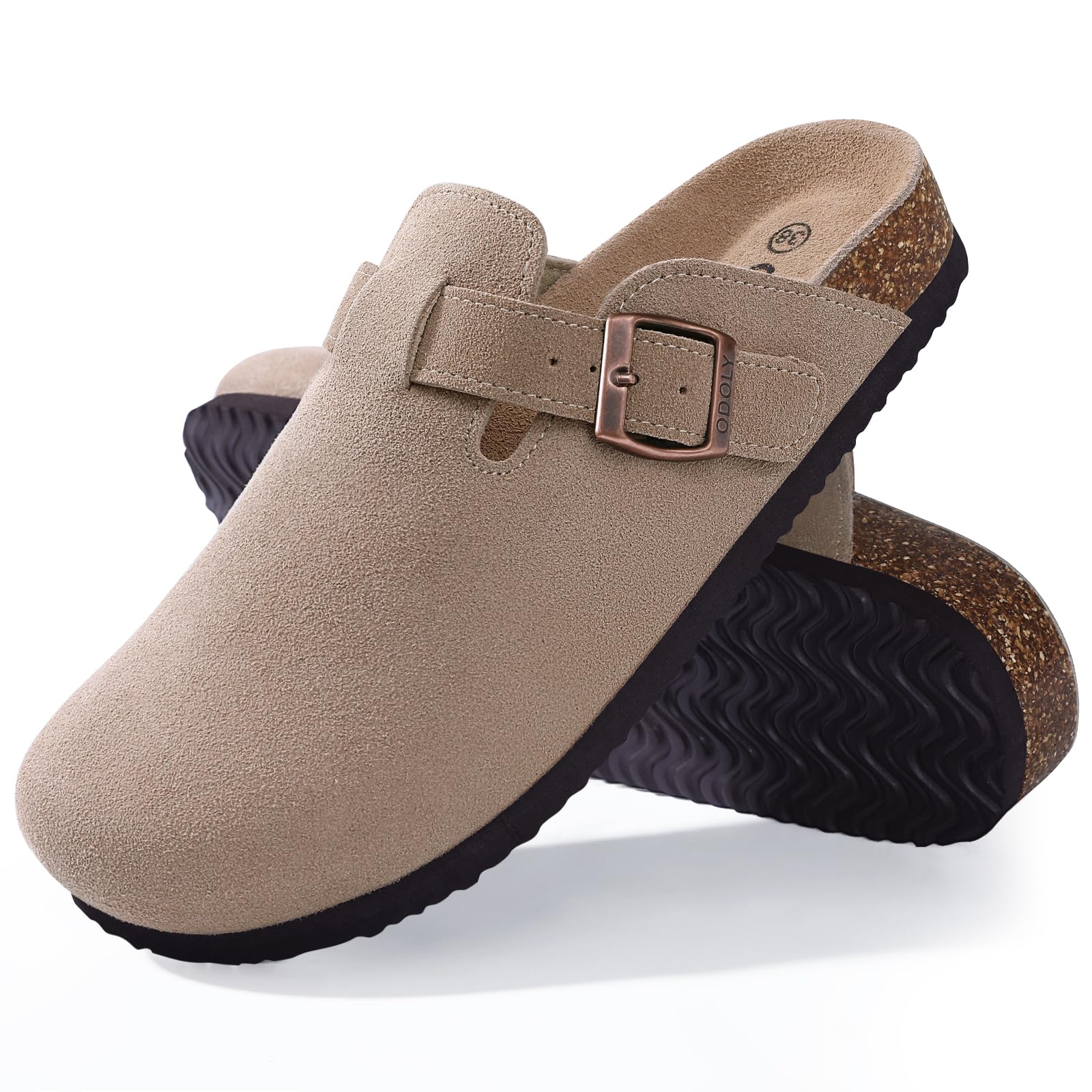 Women's Suede Clogs Soft Cork Footbed Leather Mules Comfort Potato Shoes with Arch Support Black